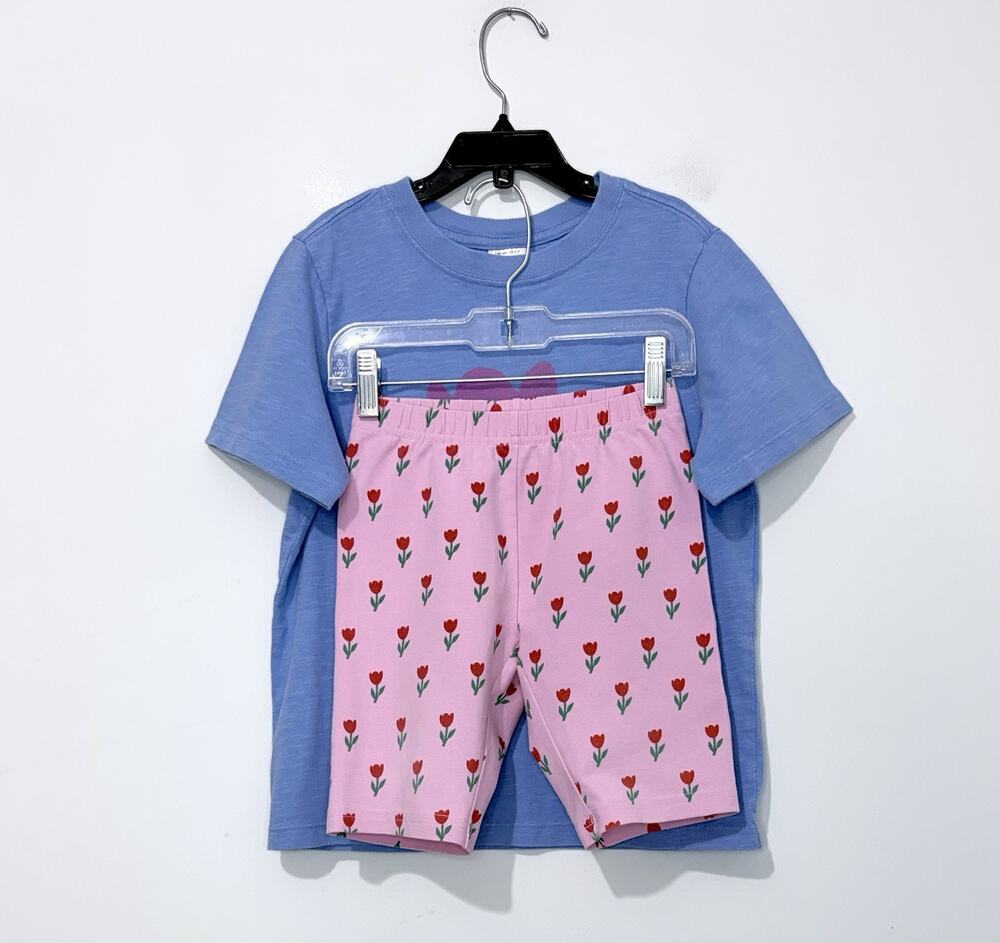 Hanna Andersson Girls T Shirt & Shorts Set 120 US 6-7 Cotton Blue Pink Floral